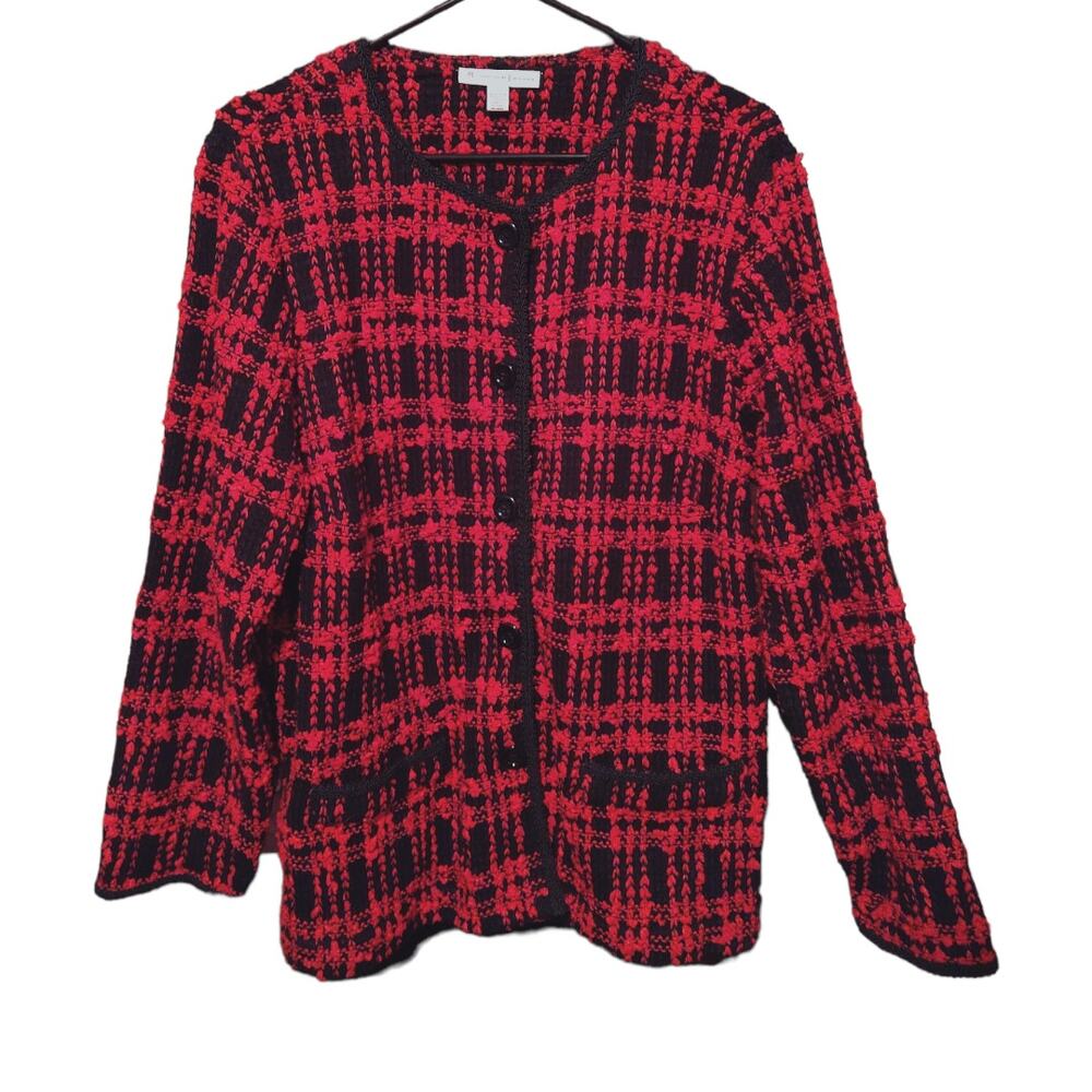 Red Tweed Cardigan size 1X Vintage Style Sweater Jacket